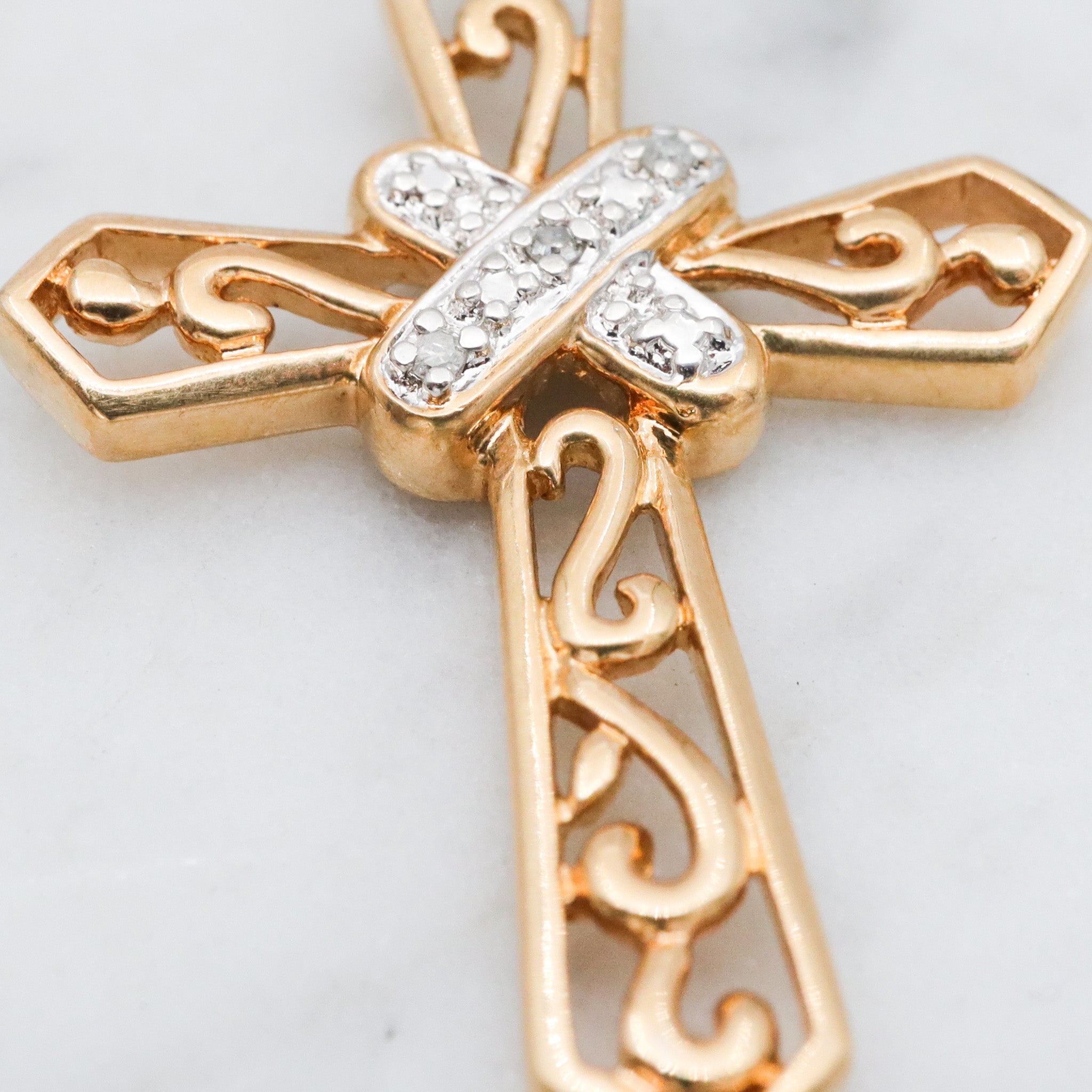 Vintage gold plated sterling silver filigree cross pendant with diamond accents